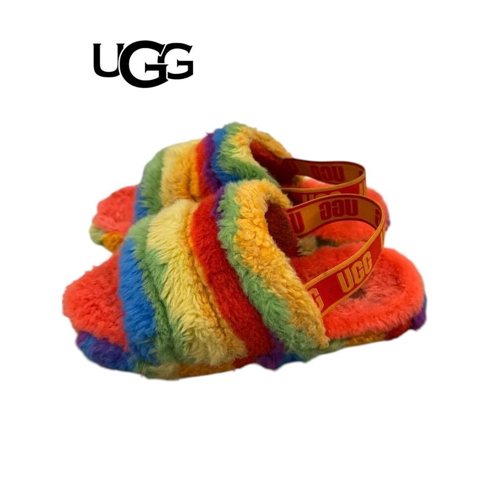 UGG Women’s Fluff Yeah Rainbow Cali Collage Multicolor Striped Design Sandals 7
